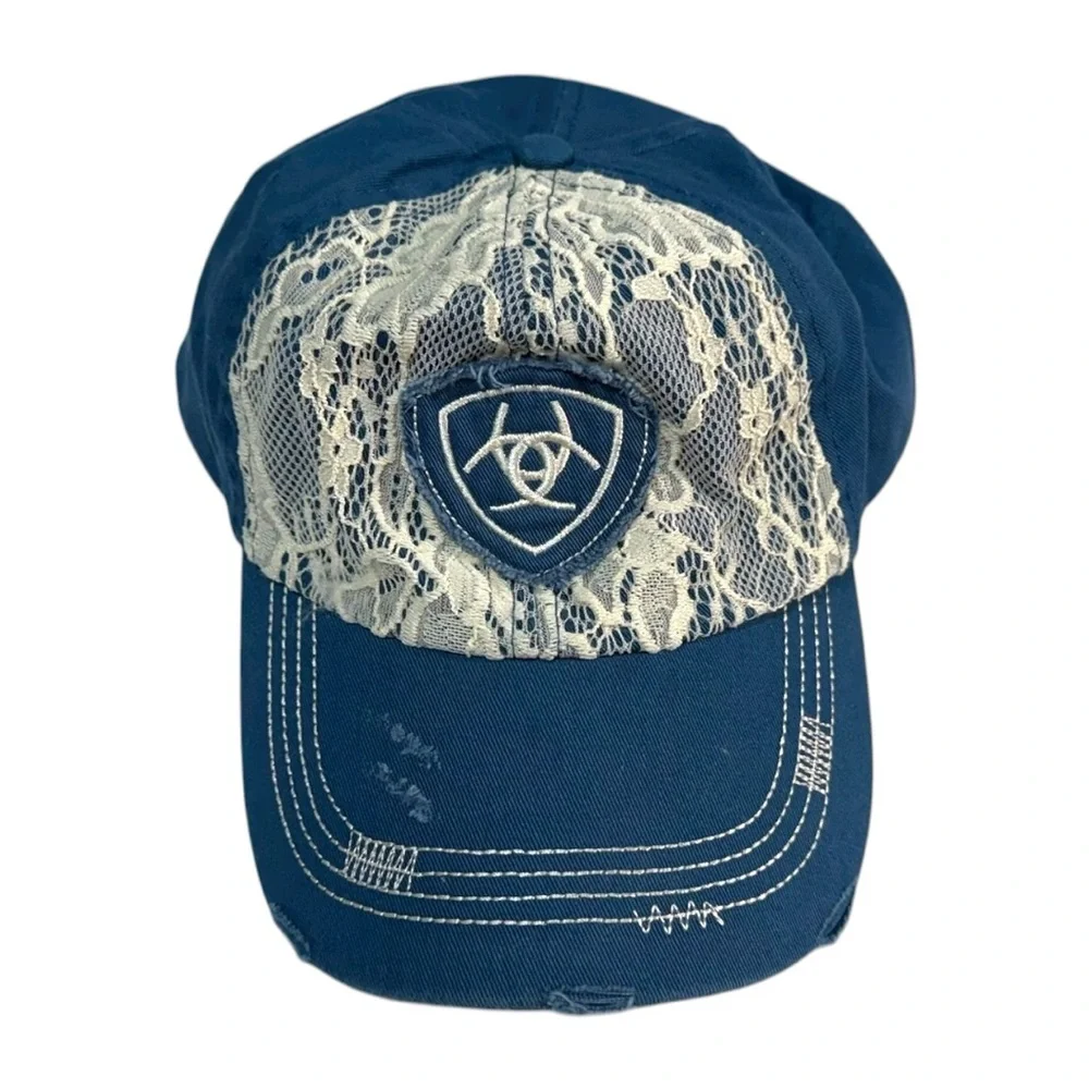 Ariat‎ Women’s Distressed Lace Baseball Cap Navy Blue Lace Hat - One Size